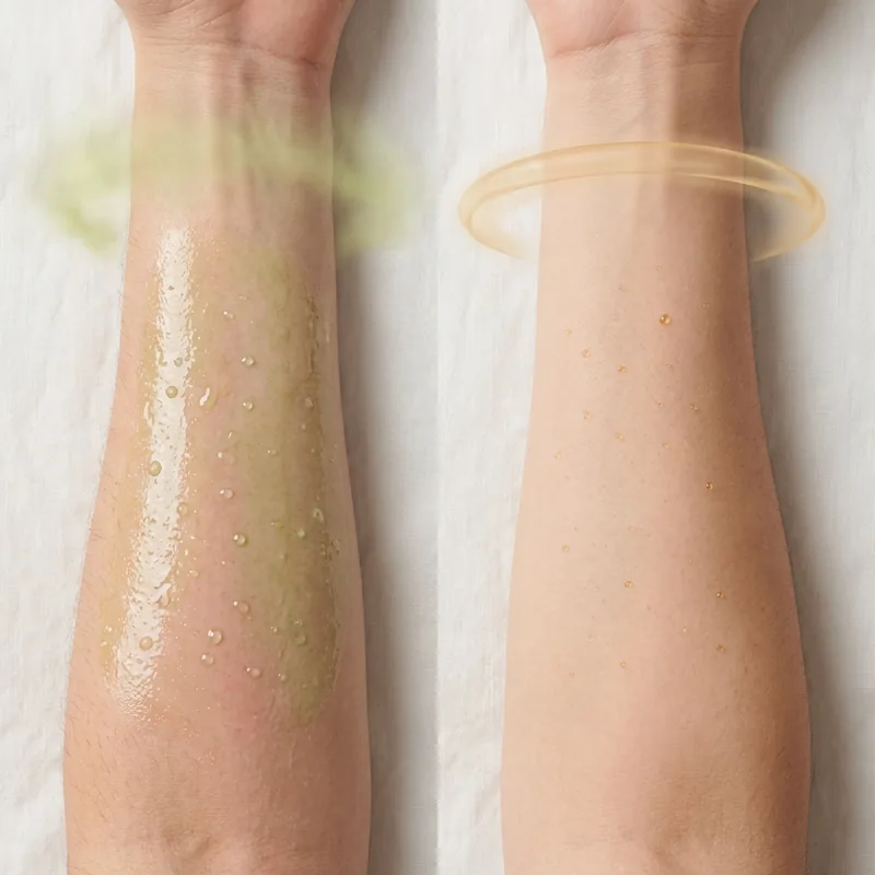 Side-by-side forearm comparison: harsh chemical residue on one side, clean skin with encapsulated BuzzerBeater capsules on the other — DEET-level protection without the worry